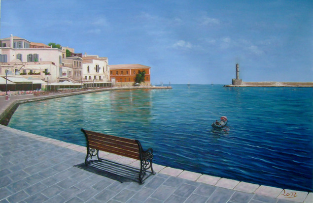 Painting of a harbor scene with a bench, buildings, a small boat, and a lighthouse in the distance.