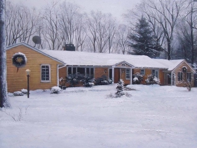 Custom oil painting a wooden house during winter