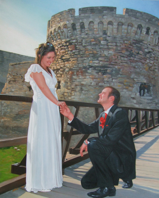 an oil painting of a groom kneeling before his bride