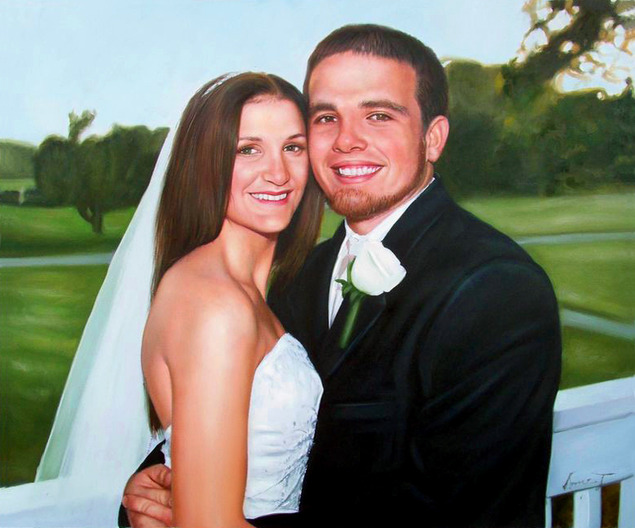 Oil painting of a bride and groom on their wedding day
