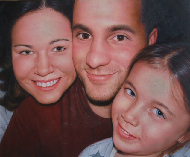 Painted portrait of a family: a woman, a man, and a young girl.