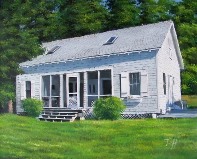 Painting of a white house with a porch and green lawn.