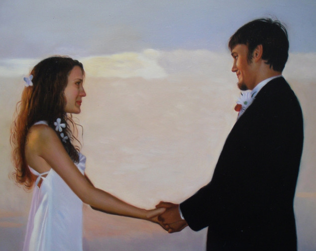 a custom oil painting of wedding couple holding hands