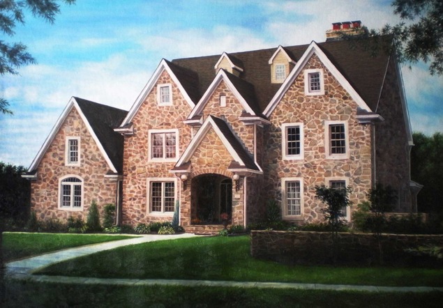 Handmade oil painting of stone house