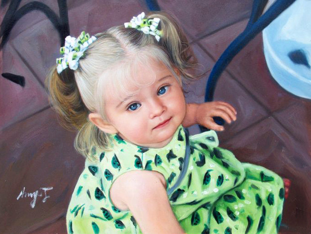 a custom oil portrait of a little girl with blue eyes