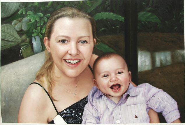 Oil painting of a smiling woman holding a laughing baby.
