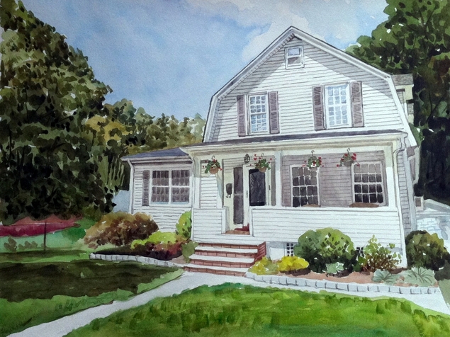 custom watercolor painting of a small white house 