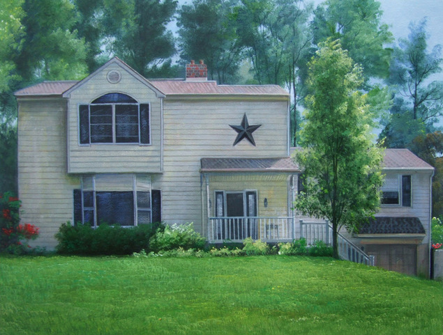 Painting of a light beige two-story house with a star-shaped decoration, a porch, and a detached garage.