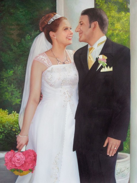 custom oil painting of wedding couple looking at each other
