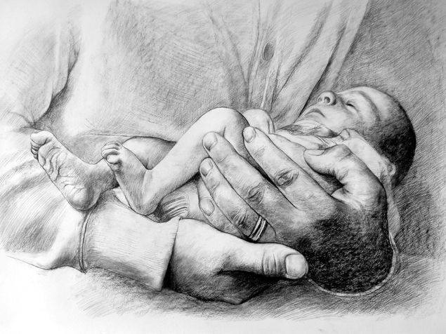 charcoal drawing of a baby