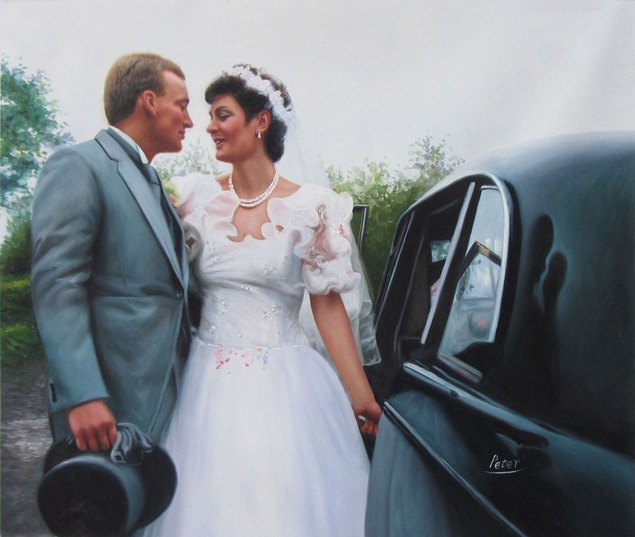 an oil painting of wedding couple entering a car