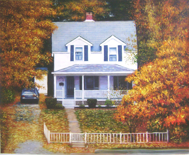 Custom oil painting of a white house in trees fall