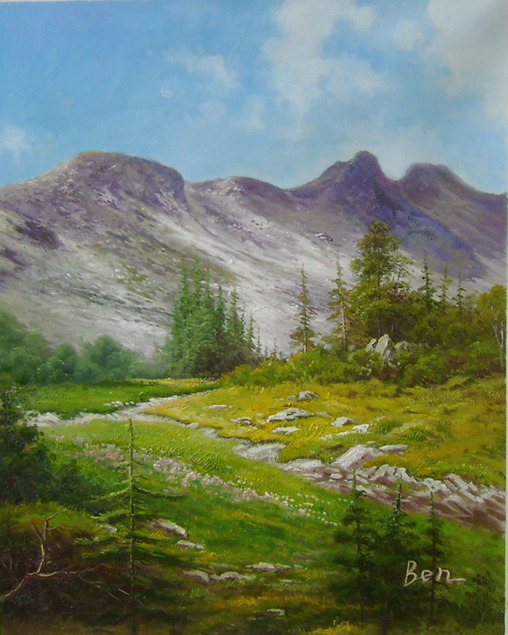 Mountain landscape painting with wildflowers and trees in foreground.