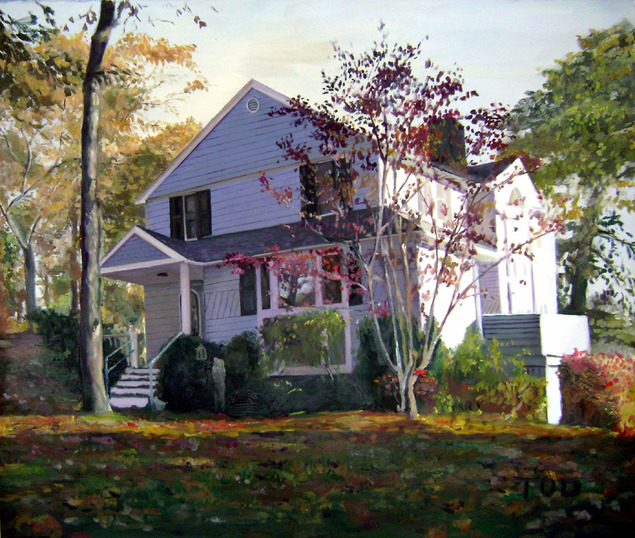 Handmade oil painting of a white house in the woods