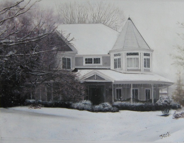 oil portrait of house - black and white