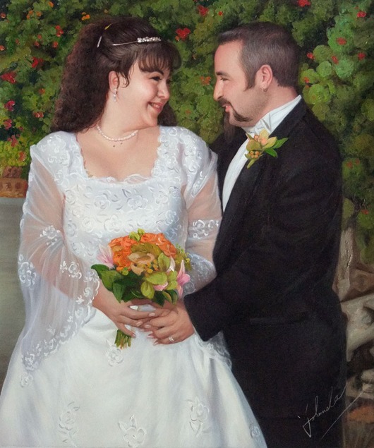 Painting of a bride and groom on their wedding day.