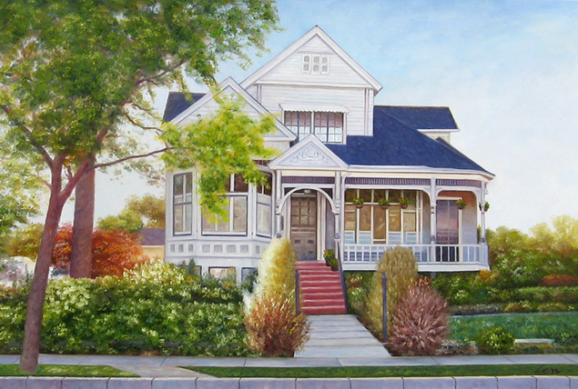 Custom oil handmade painting a white wood house with blue