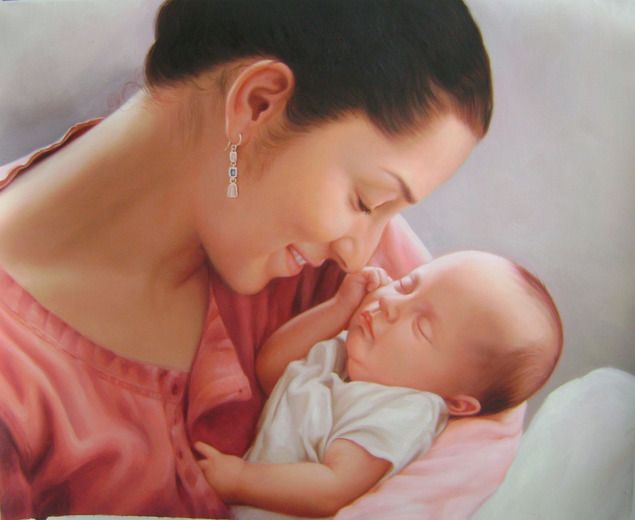 Mutter mit Baby gemalt in Öl