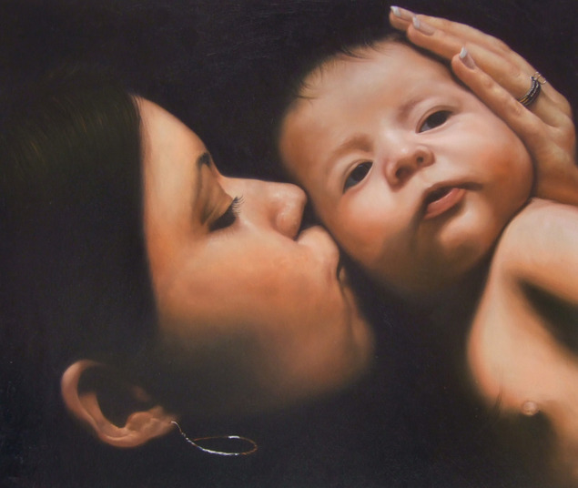 an oil painting of mother kissing her child
