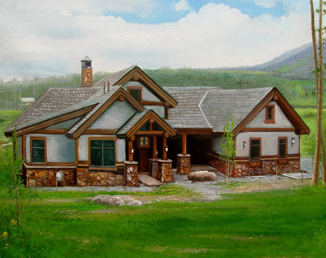 Handmade oil painting of a wooden house