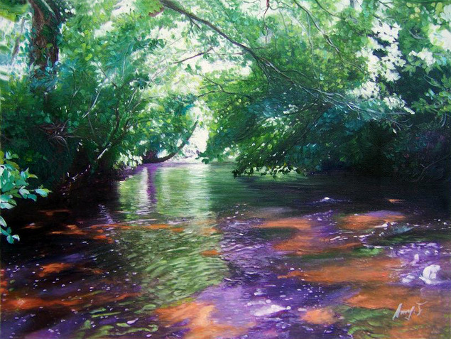 Painting of a river flowing under a canopy of lush green trees.