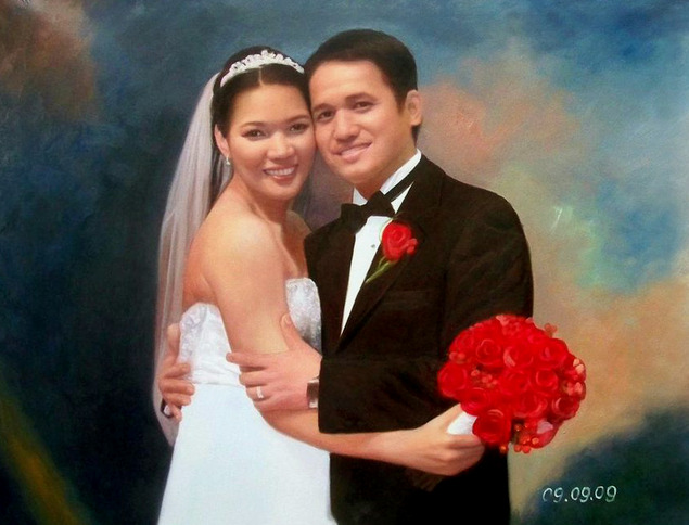 an oil painting of a wedding couple hugging