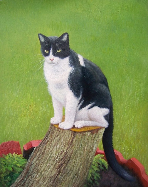 cat oil portrait of cat sitting on tree stump