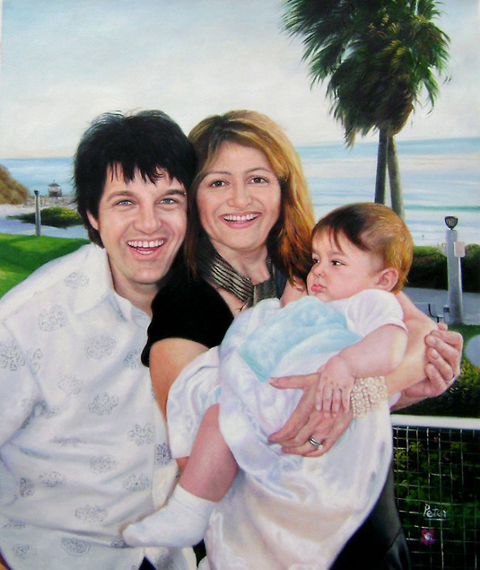 Family portrait painting, parents holding baby near ocean.