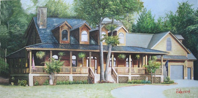 Painting of a large, two-story wood house with a wrap-around porch, set amongst green trees.