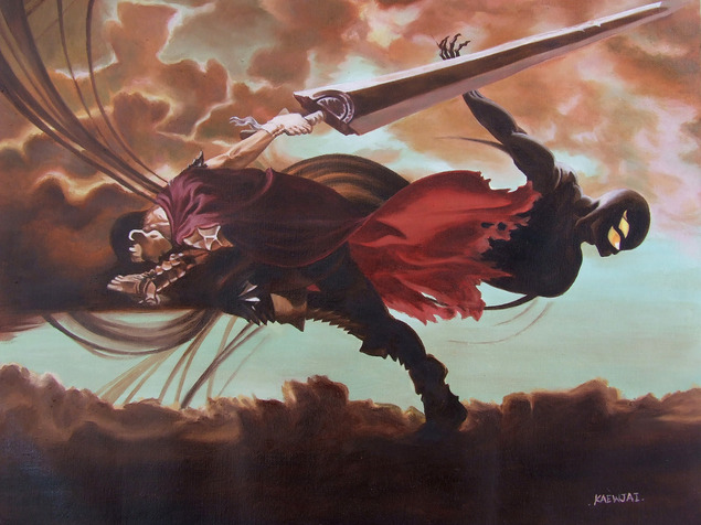 Painting of a dynamic battle scene between a dark figure and a warrior wielding a large sword.