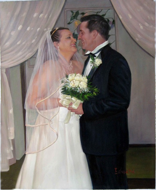 a custom oil painting of wedding couple hugging
