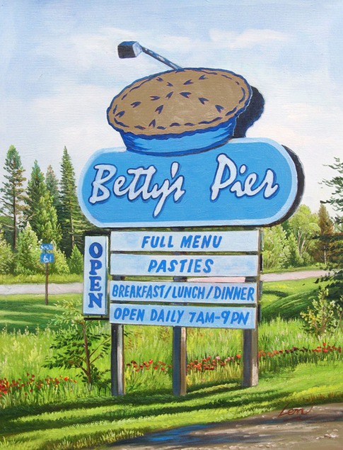 oil painting of Betty's Pies sign 