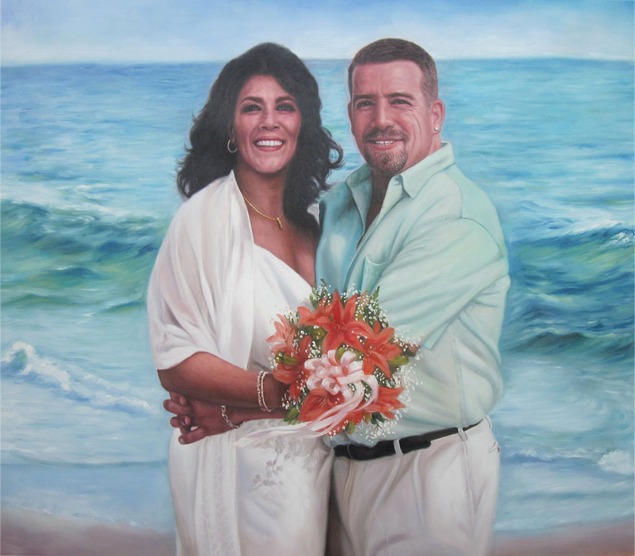 an oil painting of wedding couple at the beach
