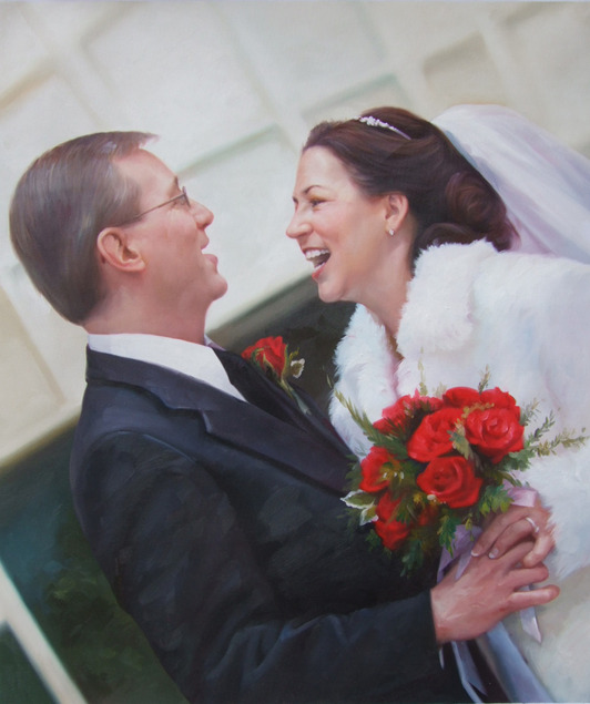 a custom oil painting of happy wedding couple laughing