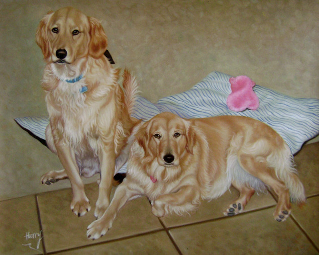 handmade oil painting of golden retievers