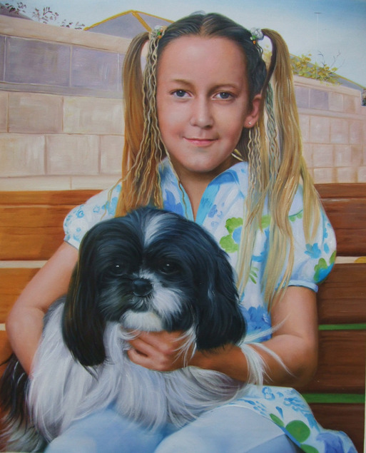 Custom oil painting of a child with dog on bench