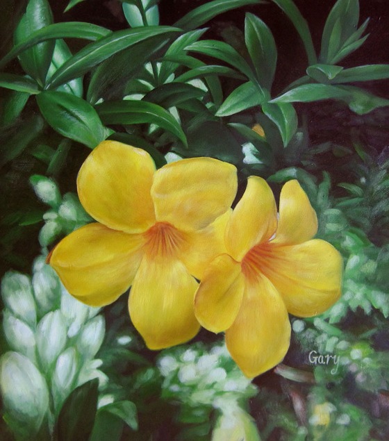 Painting of two yellow flowers among green foliage.