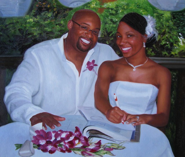 a custom oil paiting of black wedding couple outdoors