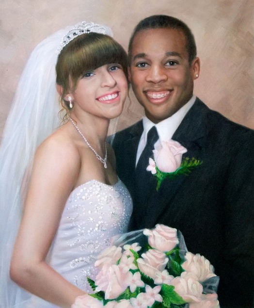 a custom oil painting of interracial couple