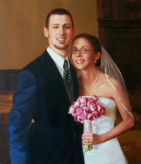 Painted portrait of a bride and groom.