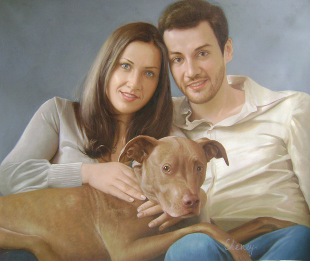 Painted portrait of a couple and their brown dog.