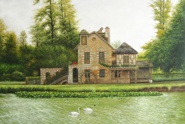Painting of a watermill with two swans on a pond.