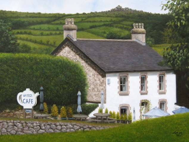 Painting of Wayside Cafe, a white building with a patio, nestled in a green hillside.