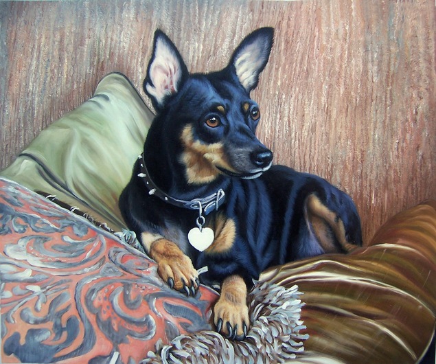 Painting of a black and tan miniature pinscher dog resting on pillows.