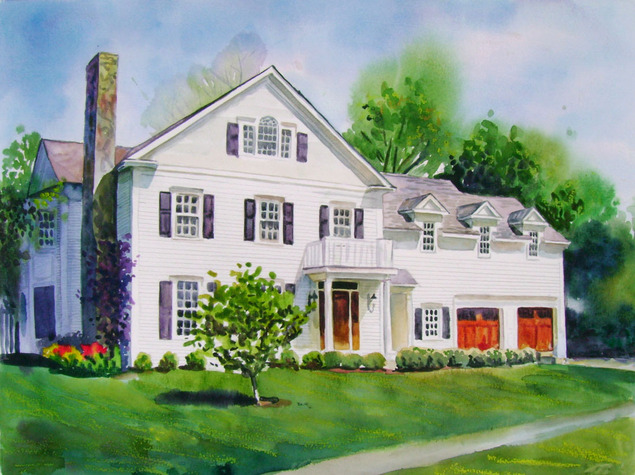 custom watercolor painting of a big white house 