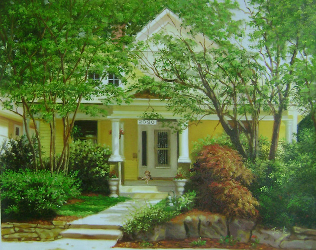 Custom oil painting of an yellow house in the woods