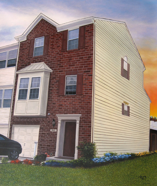 Painting of a three-story brick and light-yellow sided townhouse at sunset.