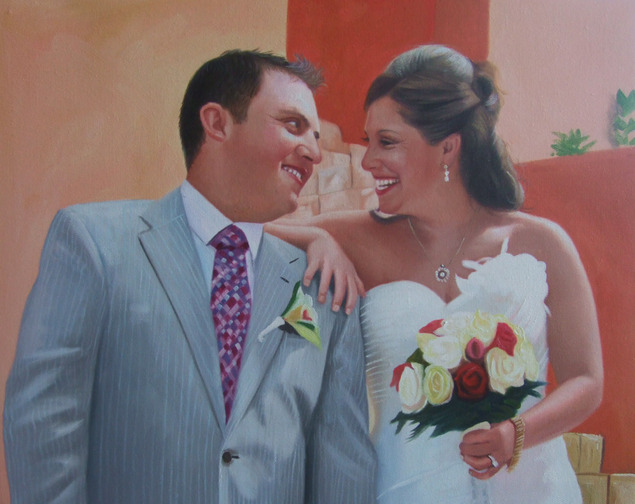 an oil painting of a wedding couple hugging