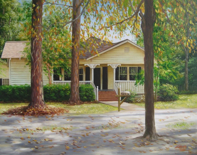 Custom oil painting of a yellow trim house in the woods