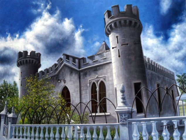 Painting of a castle-like building with towers under a partly cloudy sky.